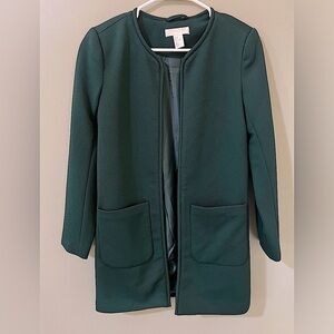 H&M Coat Womens Size 4 emerald green  Open Front Textured Weave Pockets Lined